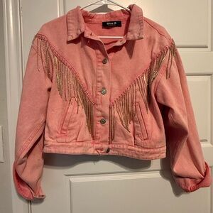 Pink Rhinestone Fringe Denim Jacket